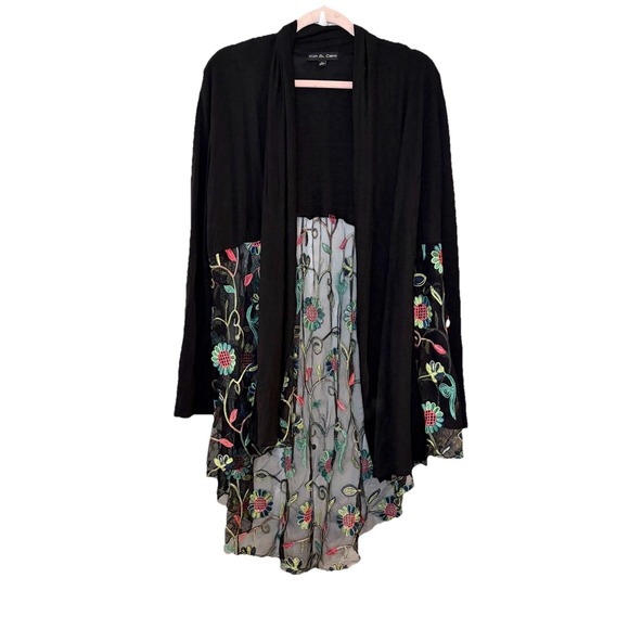 Kim & Cami Sweaters - Kim & Cami Black Floral Mesh Open Front Cardigan Duster Boho Jersey Knit Size L